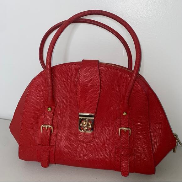 Stauer Red Gold Wheel Turnlock Zipper Handbag Satchel Purse - Picture 1 of 13